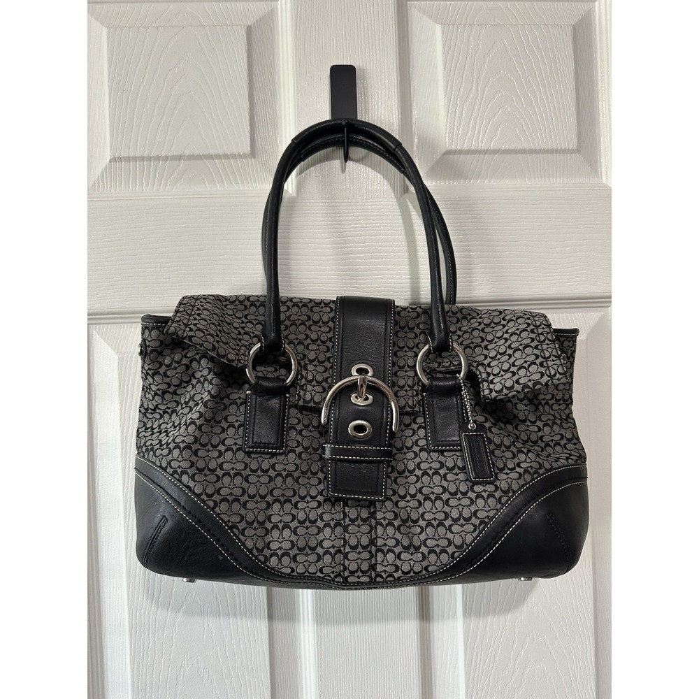 Vintage Coach F10929 Soho black signature C‎ canvas satchel with leather trim